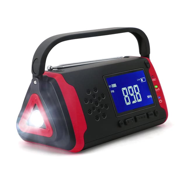 Aurinkokenno-veivattava hätäradio taskulampulla ja säävaroituksella