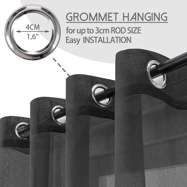 2 stk. sorte voile gardiner 140x250 cm med øje Semi-She