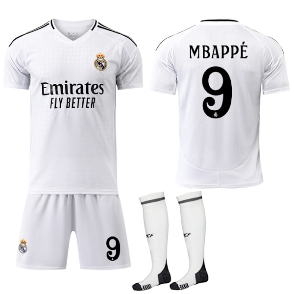 2024-2025 Real Madrid Hjemme Barn & Voksen Fotballdrakt med Sokker Nr. 9 Mbappé 24 No.9 Mbappé