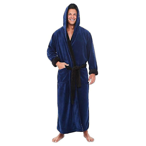 Herre Vinter Varmt Hætte Kappe Badekåbe Håndklæde Lang Morgenkåbe Mørkeblå Sort Dark Blue Black XL