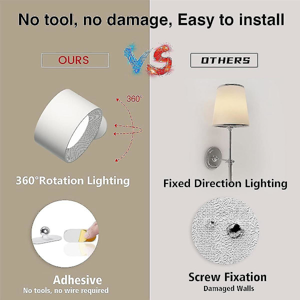 Væglampe USB, genopladelig USB-batteri væglampe, varmt/naturligt/hvidt lys, 3 lysstyrkeniveauer, touch-kontrol White-hao