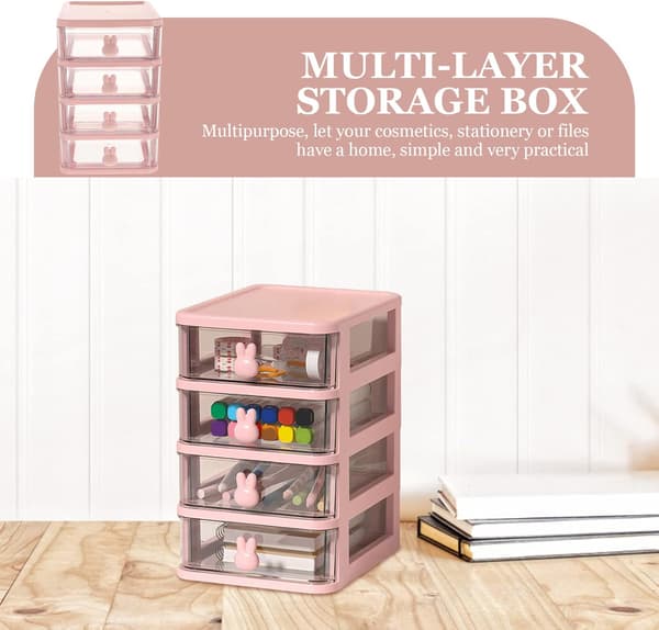 Plastic Storage Box, 21X17cm 4 Layers Multifunctional Desktop Storage Cabinet Storage Container with Drawers Mini Drawer Organizer for Home, Office-FA- Pink