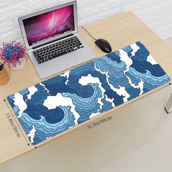 Japansk blå og hvid Sea Wave musemåtte XL udvidet skrivebordsmåtte, skridsikker gummibase syet kant Gaming PC Desktop Stor musemåtte, 31,5 x 11,8 tommer