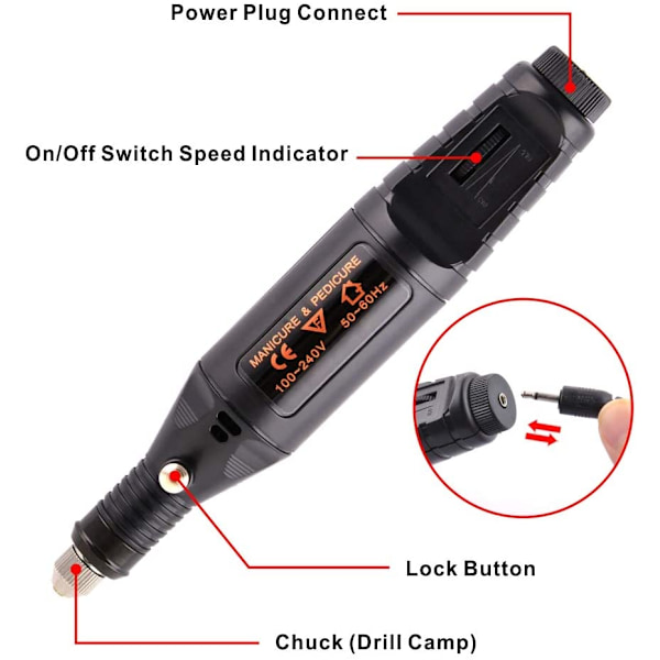 INF Elektrisk Nagelfil med 6 Bitsar Sort