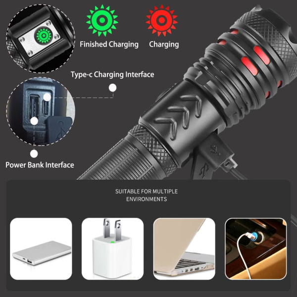 Taktisk ficklampa LED, 20000 lumen P70 hög effekt, USB-laddningsbar, laddningsbar 26650 batteri, lämplig för utomhuscamping och jakt