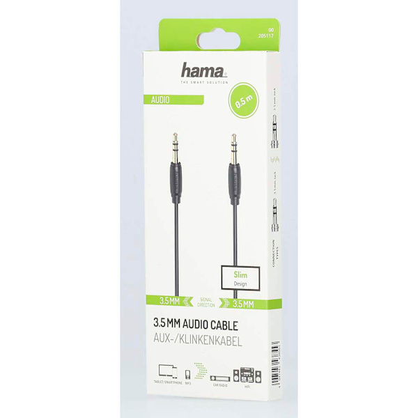 HAMA Kabel Ljud 3,5 mm-3,5 mm Guldpläterad, Ultratunn 0,5m