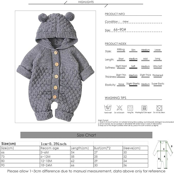 Nyfödd bebis hörselskydd stickad sparkdräkt overall varmare snödräkt för pojkar flickor grå 80cm 80 cm Grey 80 cm