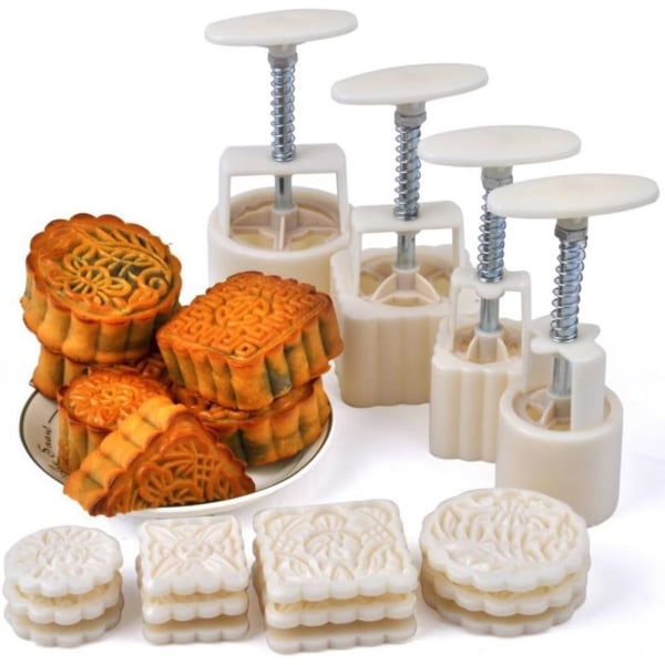 Midhöstfestivalen Handpressad Mooncake Form, Mung Bean Cake Form, Konditorivaror, Köksmaterial, DIY Material (16 stycken, vit, 4 hinkar + 12 skärbrädor)