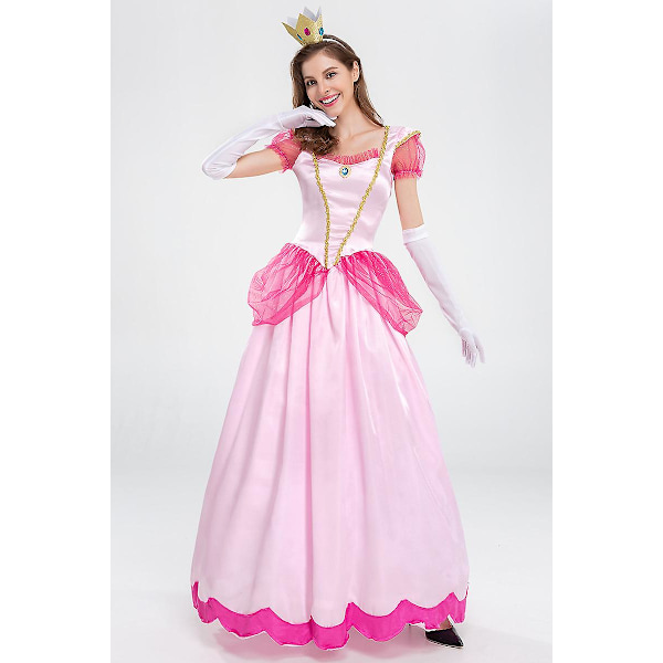 Kvinders Super Mario Peach Cosplay Kostume Rosa Prinsessekjole + Handsker + Hovedbeklædning Outfits Sæt Karneval Fest XXL