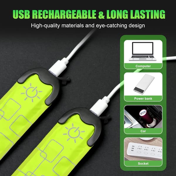 Rechargeable LED Reflective Running Armband, Reflective Armband for Night Running and Cycling, Including USB Cable, 2-Pack, Green-FA-