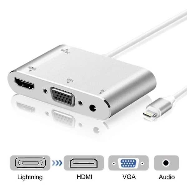 1080p Lightning - HDMI VGA Audio Video -sovitin Applelle - Täydellinen