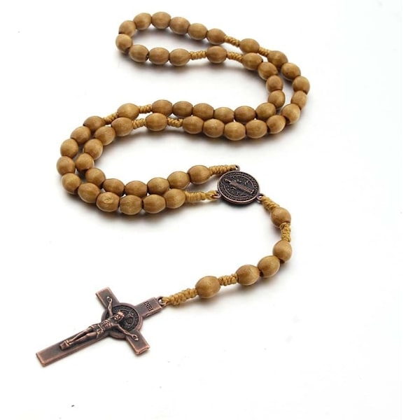 Katolinen ristiruusukrans kaulakoru, luonnollinen puu rukoushelmet Cross-perfe Light Brown