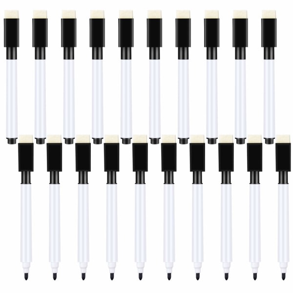 20 stk. små whiteboard-penner - svart whiteboard-markører med viskelær - whiteboard-penn med fin spiss for barn (svart)