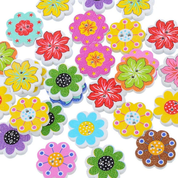 50 st/förpackning 20MM flerfärgade träknappar 2-håls blomformade