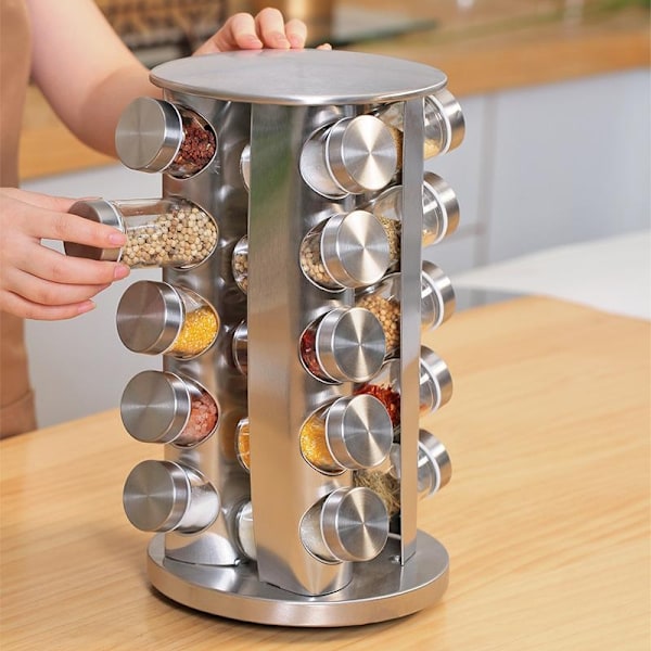 Roterende krydderstativ med etiketter - 20 krukker silver 3000
