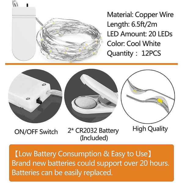 12-pack batteridrivna ljusslingor, 20 LED 2 m koppartråd