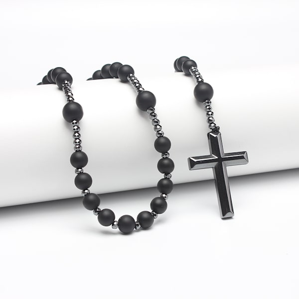 Luonnollinen pyöreä helmi pitkä ketju musta sappikivi ristiruusukko Bright black agate