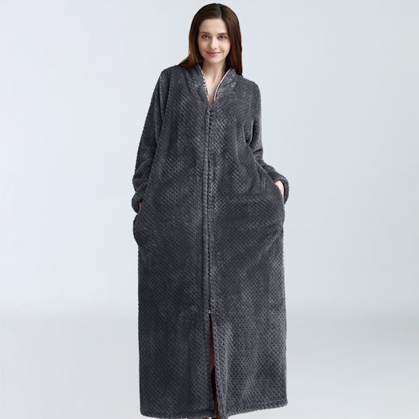 Lynlås Morgenkåbe til Kvinder Flanel Fleece Robe Vintervarm Huskjole Natkjole Grå L Grey