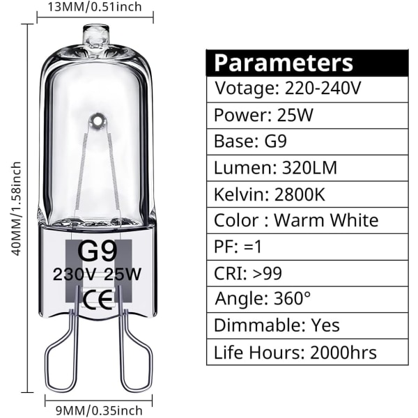 G9 halogeenilamput 25W, 230V, 10-pakkaus 25W
