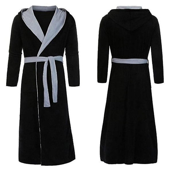 Herre Vinter Varmt Hætte Kappe Badekåbe Håndklæde Lang Morgenkåbe Sort Grå Black Grey 3XL