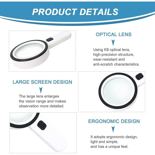 Forstørrelsesglass med 12 LED-lys, 30x dobbeltglasslinse håndholdt lys CDQ