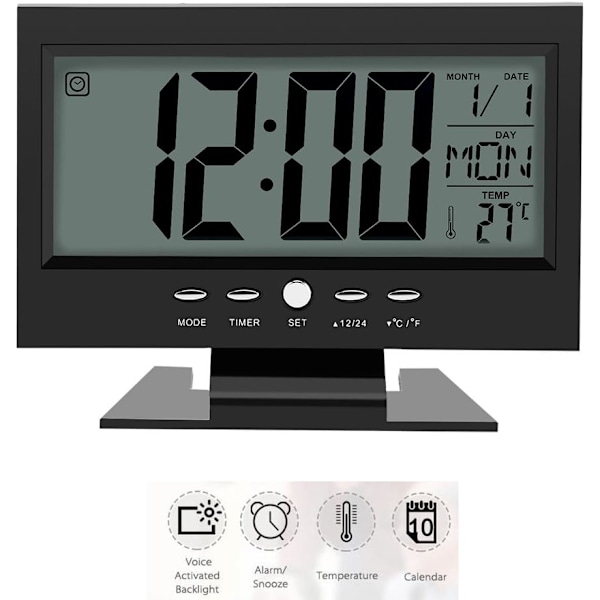 Stor LCD-skärm Digitalt ljudsensor skrivbordslarm (svart)