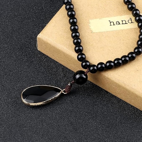 Svart Obsidian Halsband: Mala Beads-Hänge, Buddhistiska Smycken