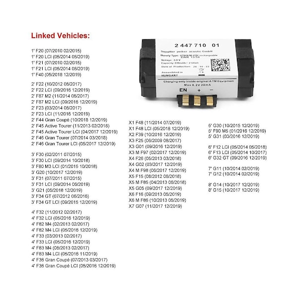 SOS Nødbatteri 84102447710 84109361678 For F20 F22 F40 G30 F90