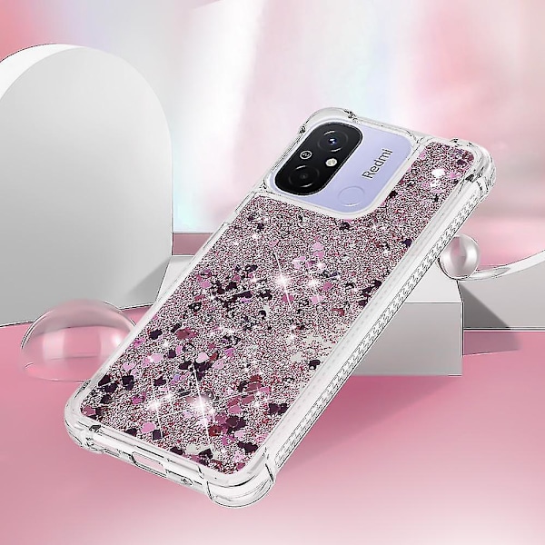 For Xiaomi Redmi 12c 4g / 11a 4g Sparkle Flytende Væske Deksel TPU Støtsikkert Cover Rose Gull Hjerter