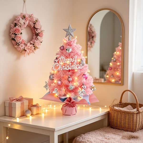Kunstigt Mini Juletræ med LED-lys og Topstjerne til Skrivebords Julepynt Pink Tree + LED