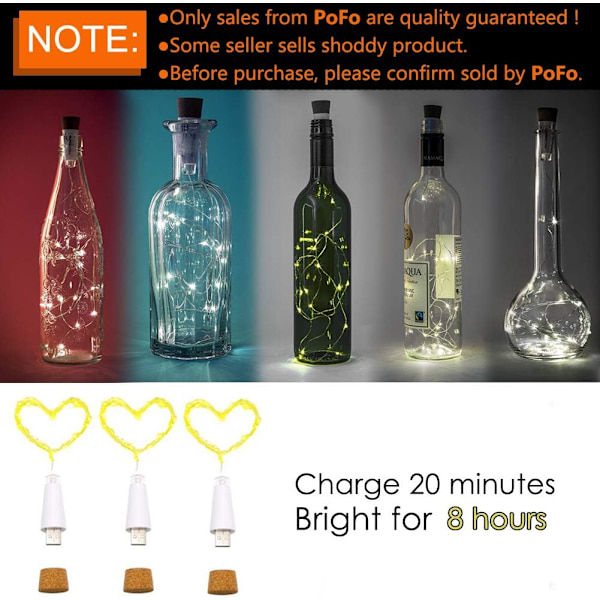 LED-flaskor med kapsylbelysning, USB-uppladdningsbar, 6 fot 20 LED-lampor, koppar