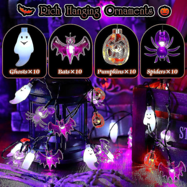 Halloween Solcellslampor Utomhus, 8 Lägen 26ft 40 Led Pumpa Fladdermus