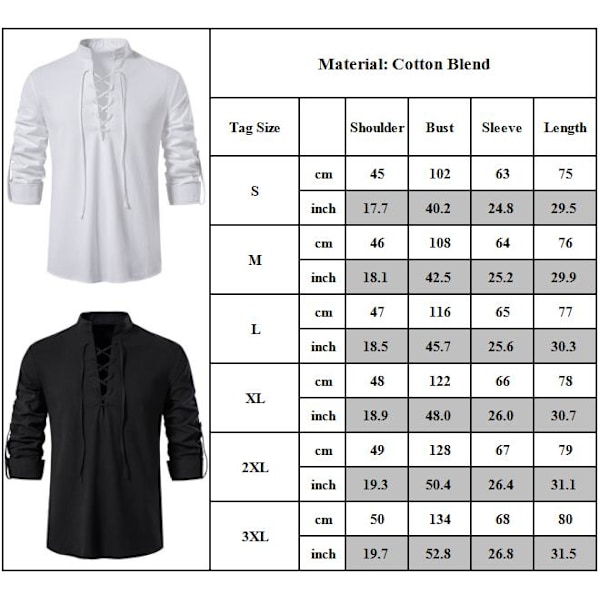 Piratspets T-shirt med snörning och lång ärm för män svart L black