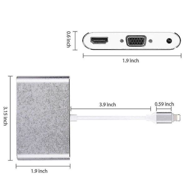 1080p Lightning - HDMI VGA Audio Video -sovitin Applelle - Täydellinen