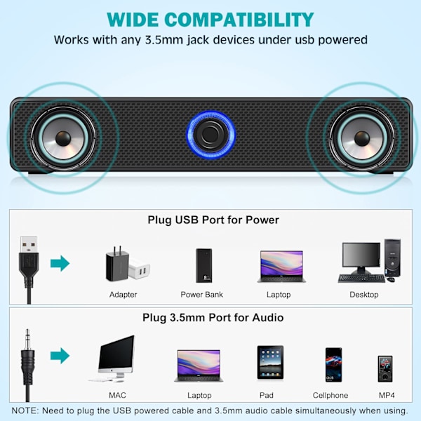 Computerhøjttalere, USB-drevne PC-højttalere Trådbundne Stereo Desktop-højttalere til computer, stationær, bærbar, PC, pad, mobiltelefon Bluetooth Model