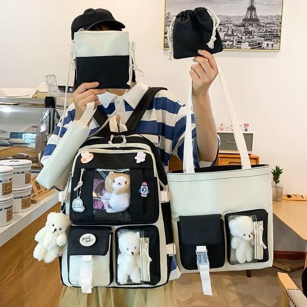 Canvas Skoletaske Combo Sæt, Kawaii Pige Student Skoletaske Sort-FA- black