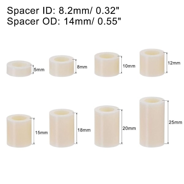 160 st ABS Runt Spacer Sortiment Plast Standoff 8,2mm 160pcs