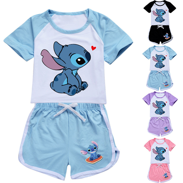 Barnjenter Lilo Stitch Trykt Avslappet T-skjorte Shorts Tracksuit Sett Alder 7-14 År Lilla Purple 130cm