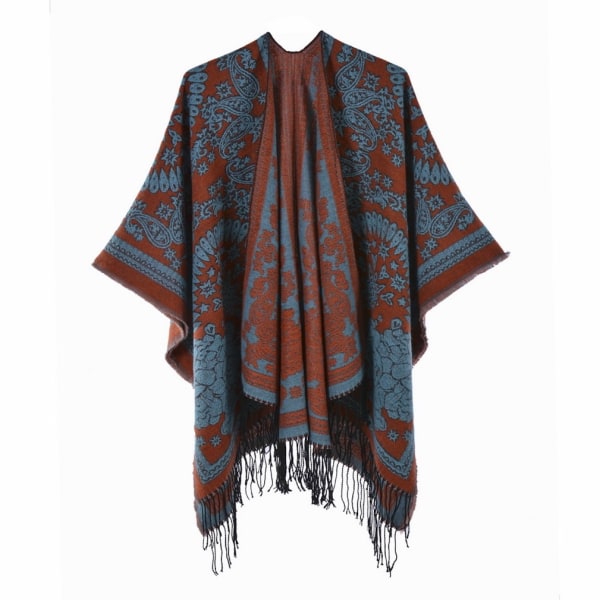 Fransad Fåll Pashmina Sjal Wrap Vinter Varm Etnisk Stil Poncho Åpen Front Cape for Dame