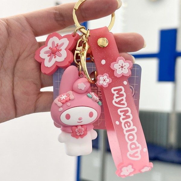 Rosa Sakura tecknad nyckelring, Kawaii söta nyckelringar Väska Charm Armban big eared dog