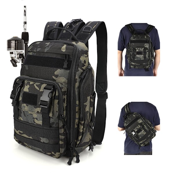 Fiskeutstyr Ryggsekk Oppbevaringsveske, Fiske Ryggsekk med Stangholder, Lett Sling Fiske Ryggsekk, Robust Fiskeutstyr Veske ArmyGreen