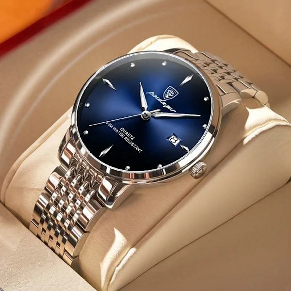 POEDAGAR Ultra Tynd Mænd Quartz Ur Vandtæt Luksus Mærke Lysende Ur Mænd Rustfrit Stål Casual Gaver blue and box