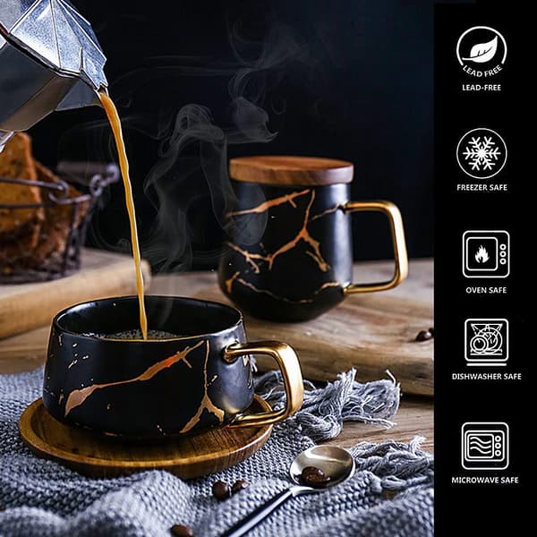 Sæt med 2 tekopper og underkopper, porcelæn espressokaffesæt, med underkop og ske, keramiske krus sort, 300 ml-FA-