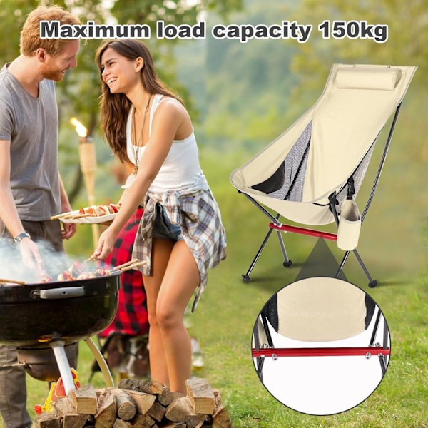 (Bred Beige) Fällbar Campingstol Hög Rygg Stol för Vuxna Utomhus Resor, Strandstol, Vandring