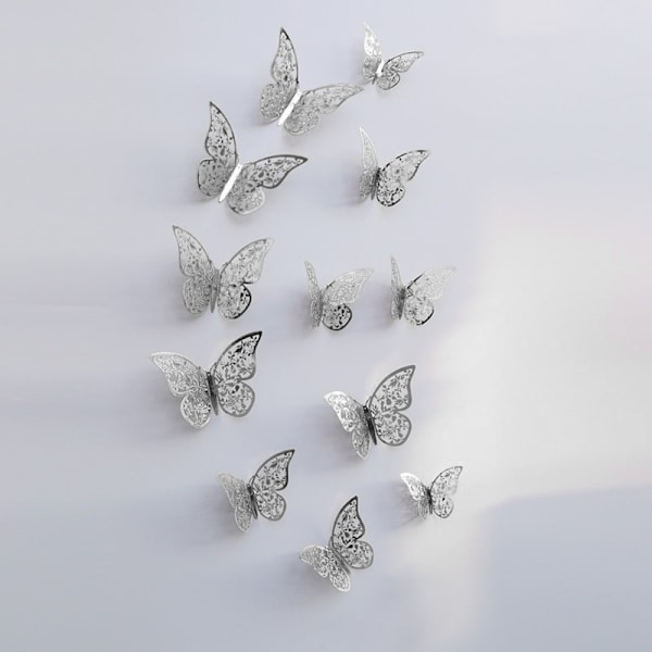 12 stk. 3D Metal Sommerfugle, Væghæng - Sølvblad silver 11