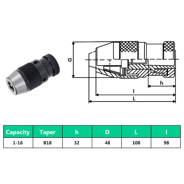 vidaXL Hurtigchuck MT2-B18 med 16 mm spennvidde 1300