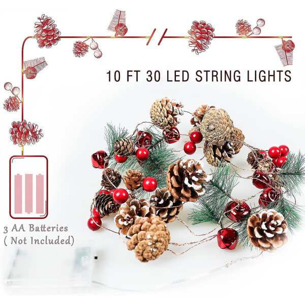 Julgransljus 10ft 30 Led Kottar Röda Bär Klockor Girlang
