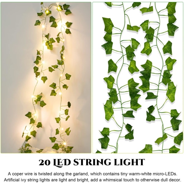 Ljusslinga med löv, 2 m murgröna ljusslinga, 20 LED-lampor, vårväxtväggdekoration, bröllopsfest, trädgårdsfestival