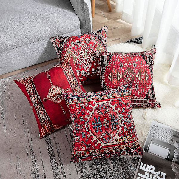4-delars Set Vintage Röd Blommig Turkisk Persisk Matta Linne Kuddfodral Hemkudde Kudde Kuddfodral Geometrisk Persisk Kilim Heminredning 4 St