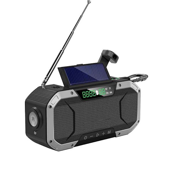 Aurinkokennoilla varustettu veivattava radio, taskulamppu ja 5000 mAh:n virtapankki SOS FB580-Silver